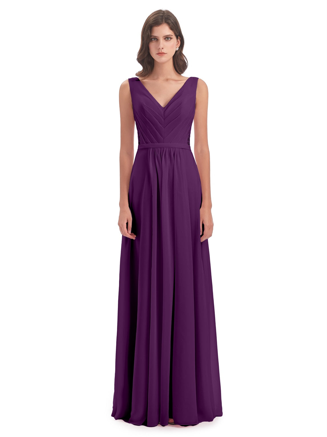 Kailee A-Linie Bodenlange V-Ausschnitt Chiffon Lange Brautjungfernkleider
