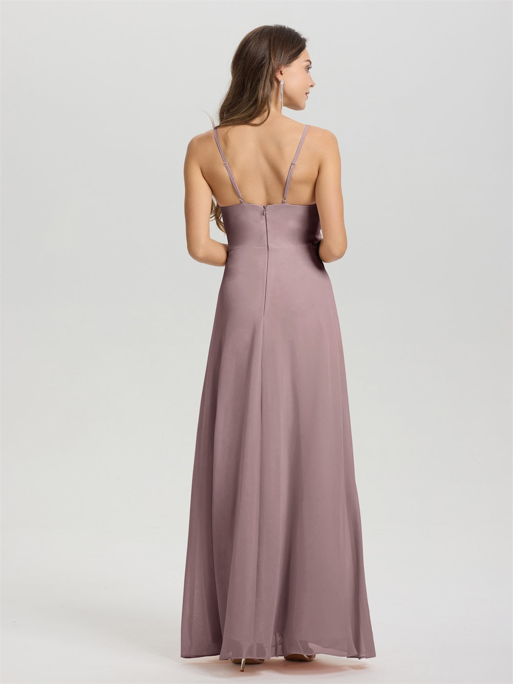 A-Linie Spaghetti-Träger geraffte bodenlange Chiffon Brautjungfernkleid