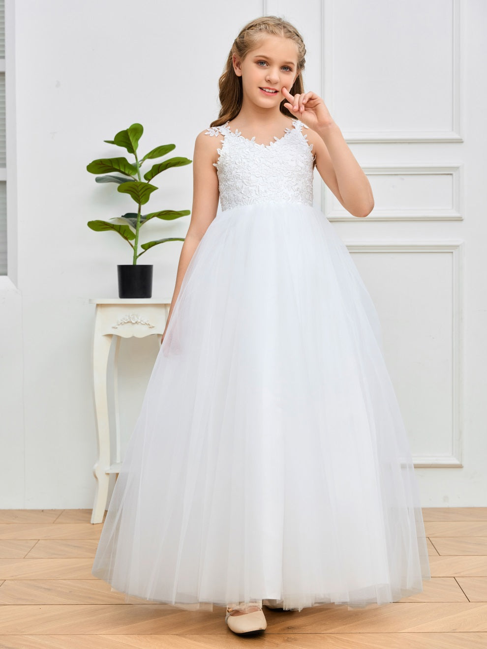 Schickes Spitzenapplikationen ärmelloses Tüll-Blumenmädchenkleid mit Schleife-Knoten