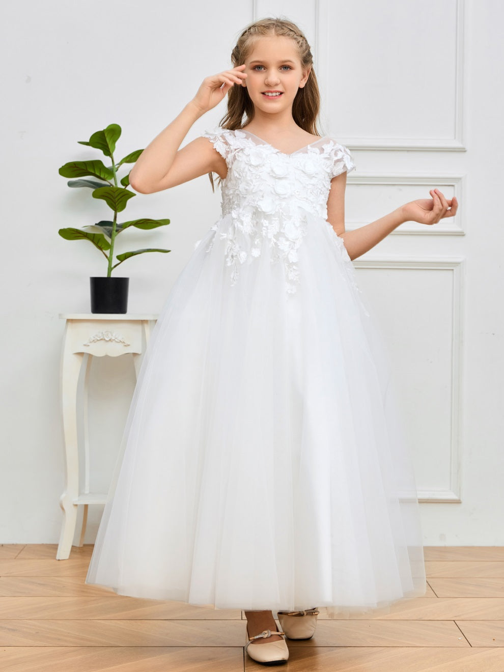 Kappenärmel Spitze Applikationen Tüll Blumenmädchenkleid