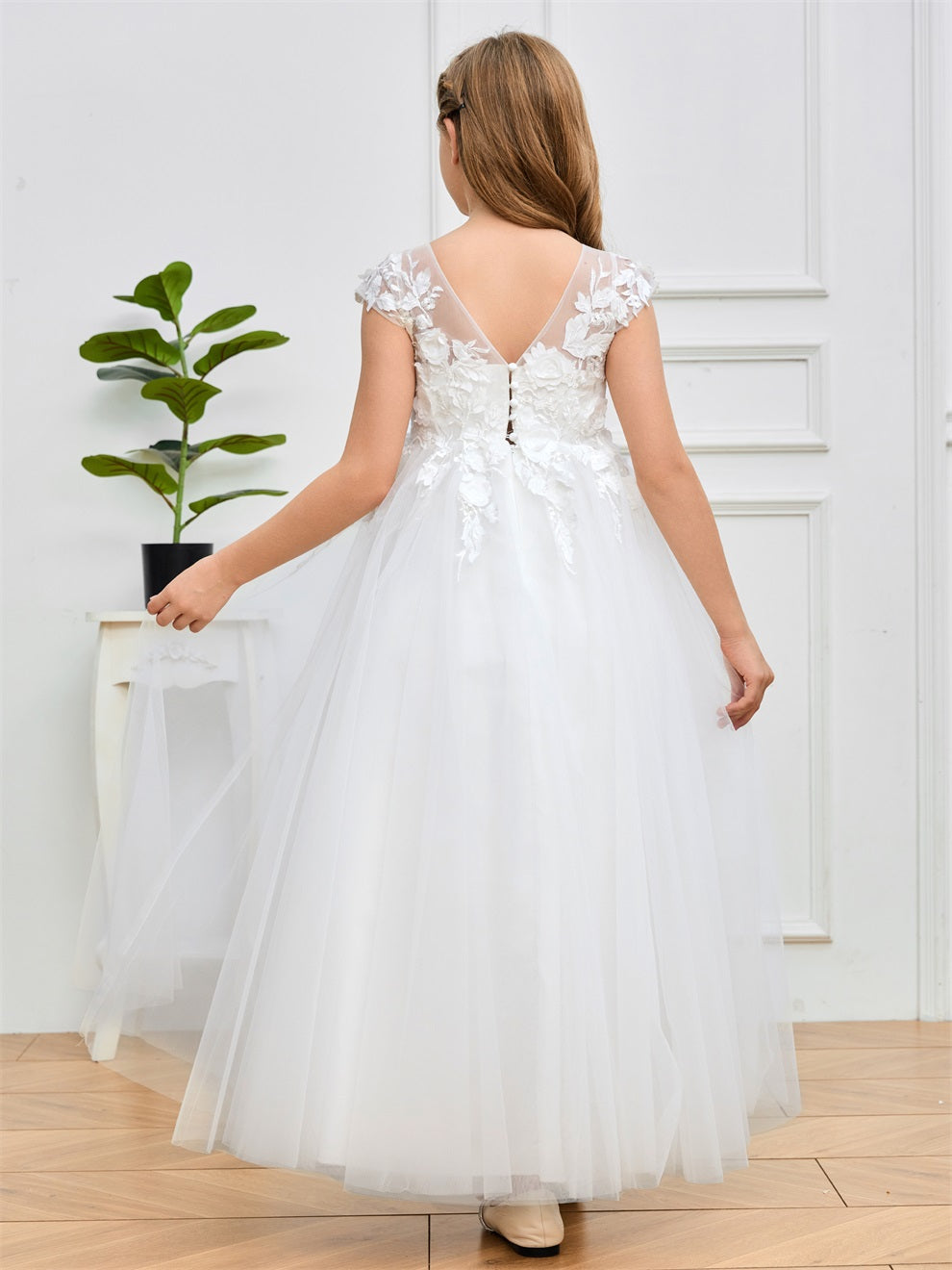 Kappenärmel Spitze Applikationen Tüll Blumenmädchenkleid