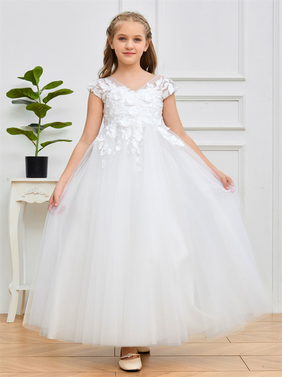 Kappenärmel Spitze Applikationen Tüll Blumenmädchenkleid