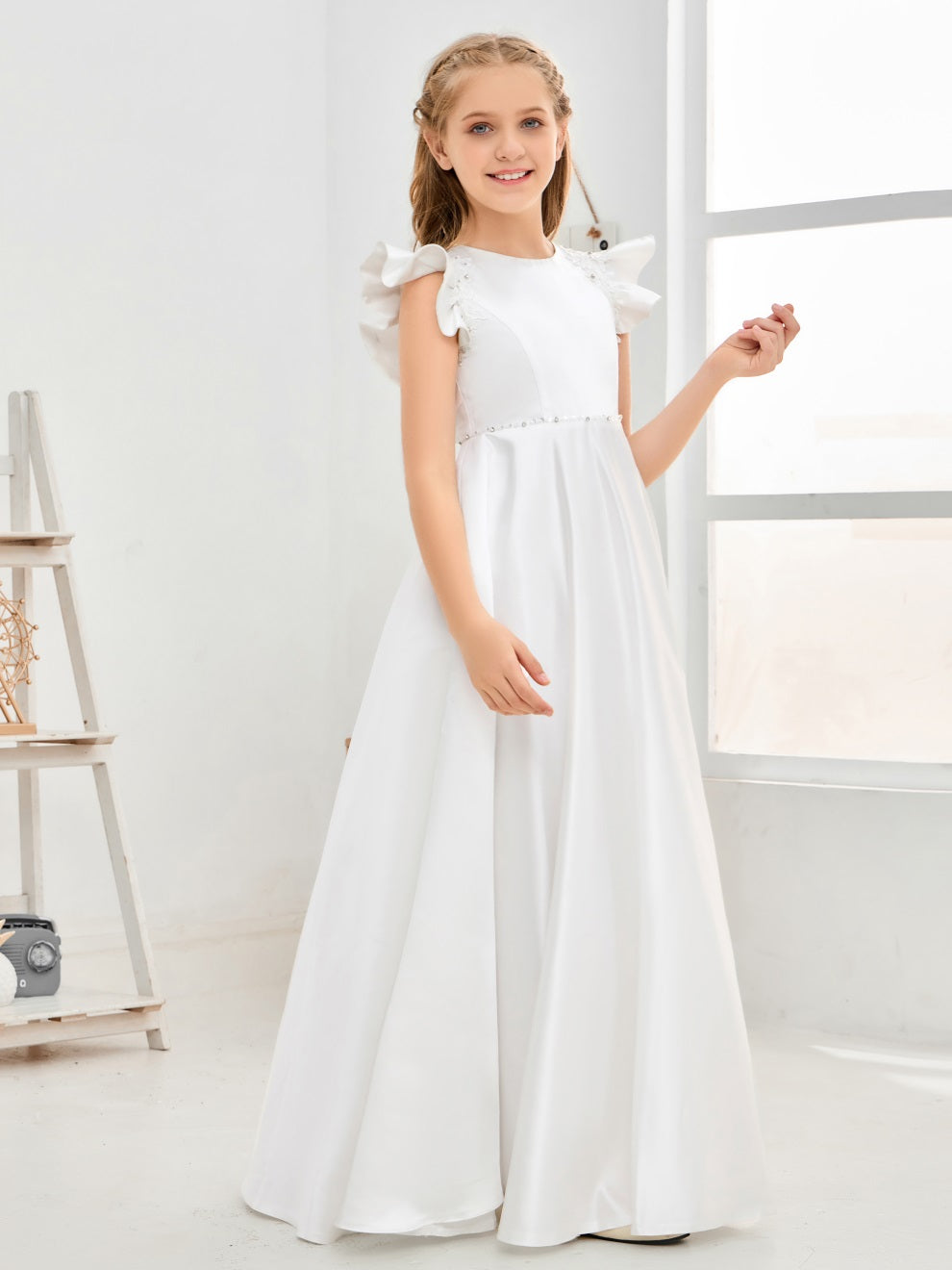 Rüschenärmel Perlen Satin Blumenmädchenkleid