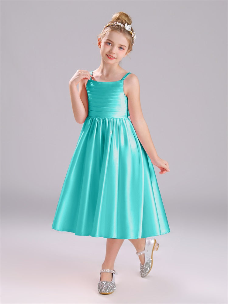 A-Linie Tee Länge Spaghetti Riemen Bowknot Satin Blumenmädchen Kleid