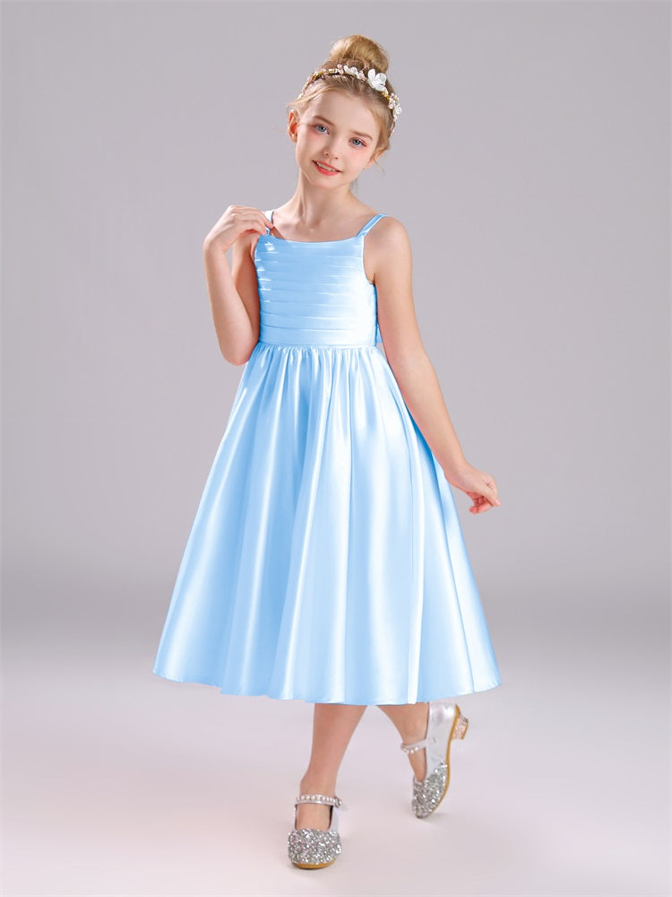 A-Linie Tee Länge Spaghetti Riemen Bowknot Satin Blumenmädchen Kleid