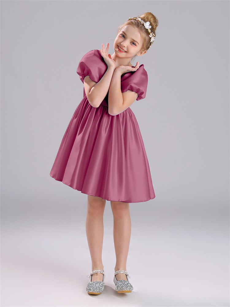 Viereckiger Ausschnitt Satin Ärmel Kurz Kleid für Mädchen