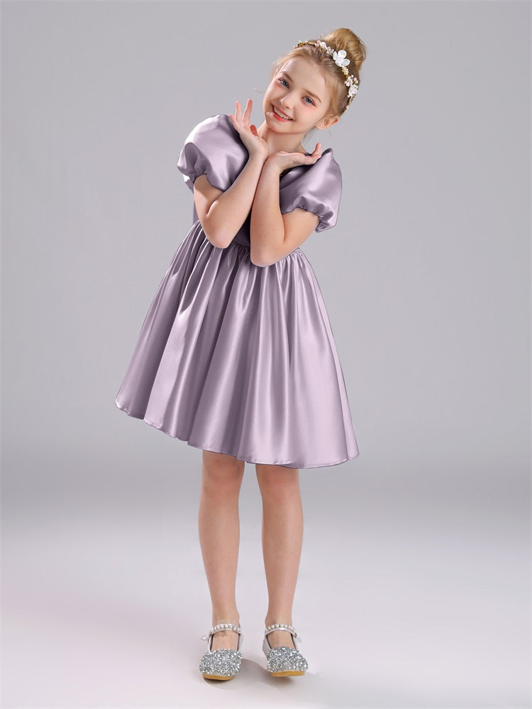 Viereckiger Ausschnitt Satin Ärmel Kurz Kleid für Mädchen
