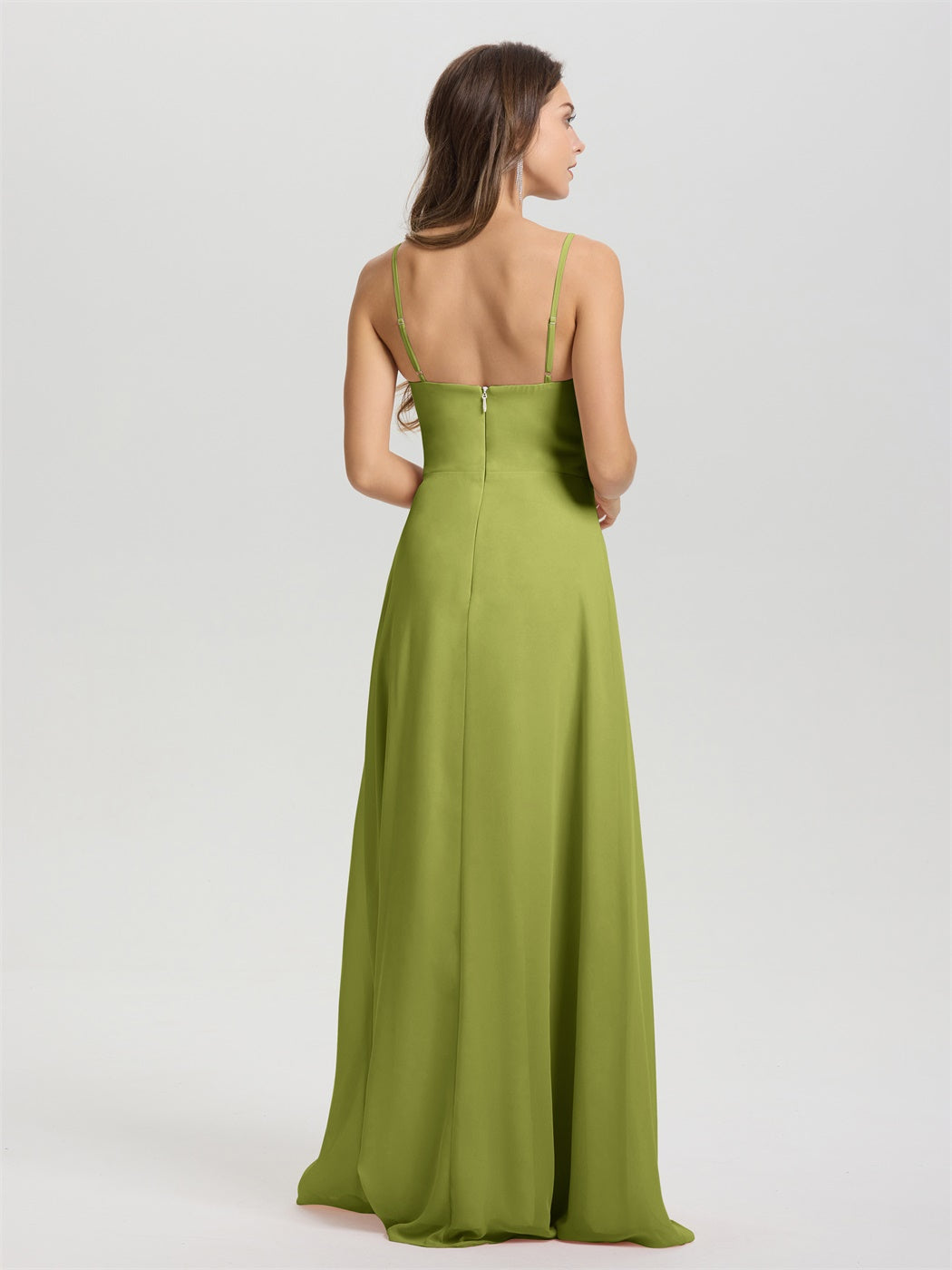 A-Linie Spaghetti-Träger V-Ausschnitt bodenlanges Chiffon Brautjungfernkleid