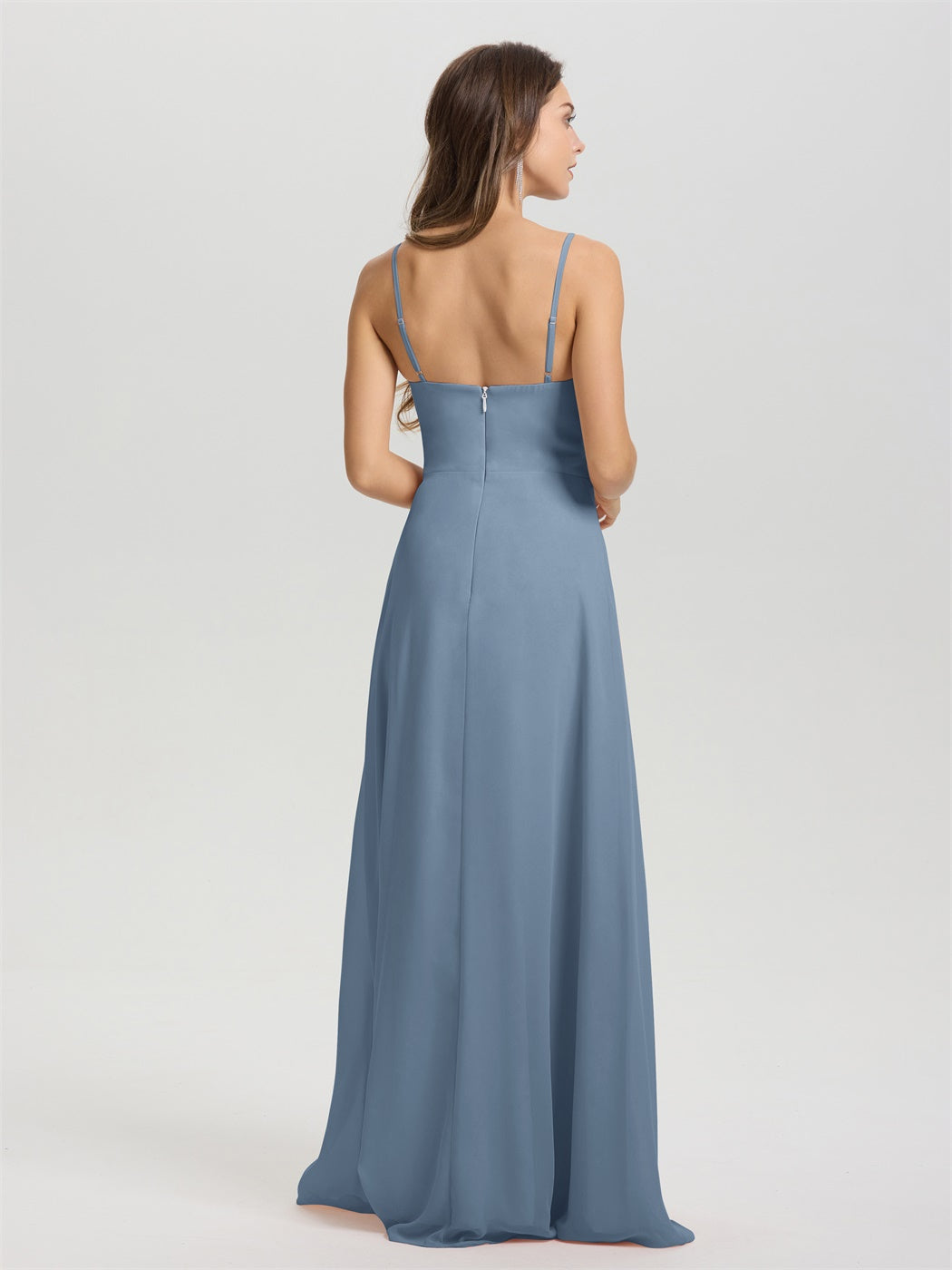 A-Linie Spaghetti-Träger V-Ausschnitt bodenlanges Chiffon Brautjungfernkleid