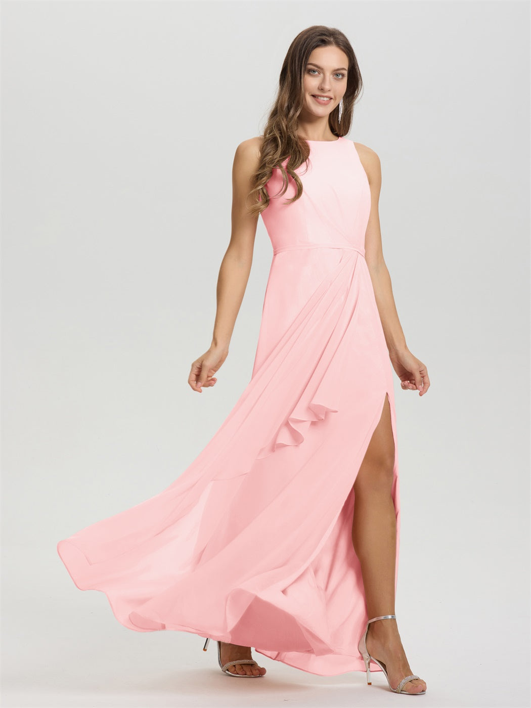 Boot Hals ärmellos Rüschen Schlüsselloch zurück Chiffon Brautjungfer Kleid