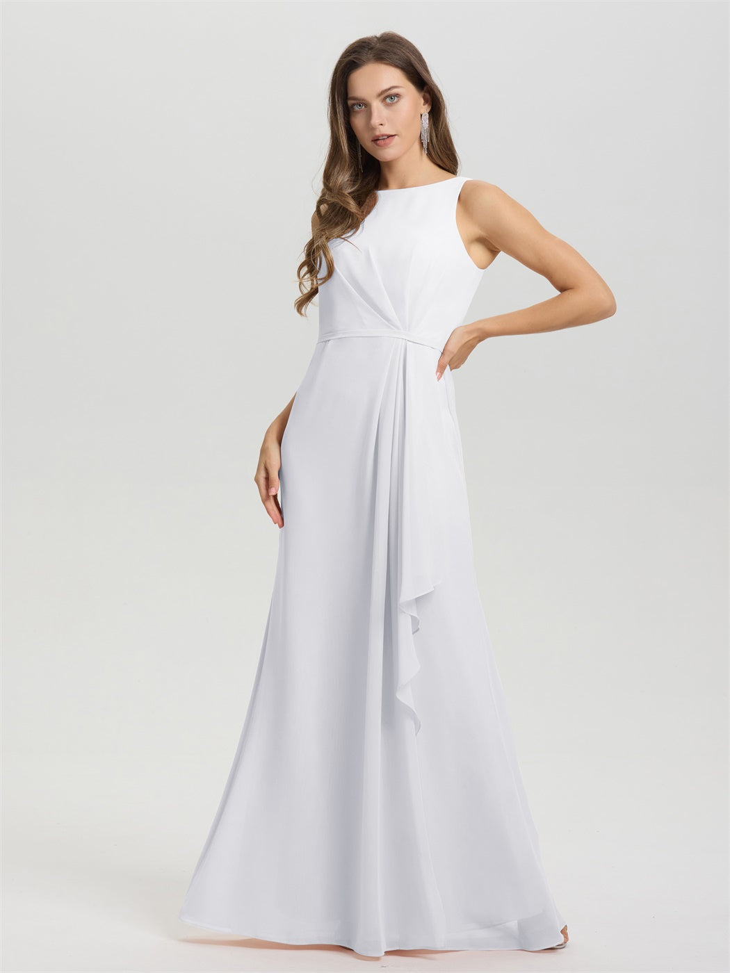 Boot Hals ärmellos Rüschen Schlüsselloch zurück Chiffon Brautjungfer Kleid