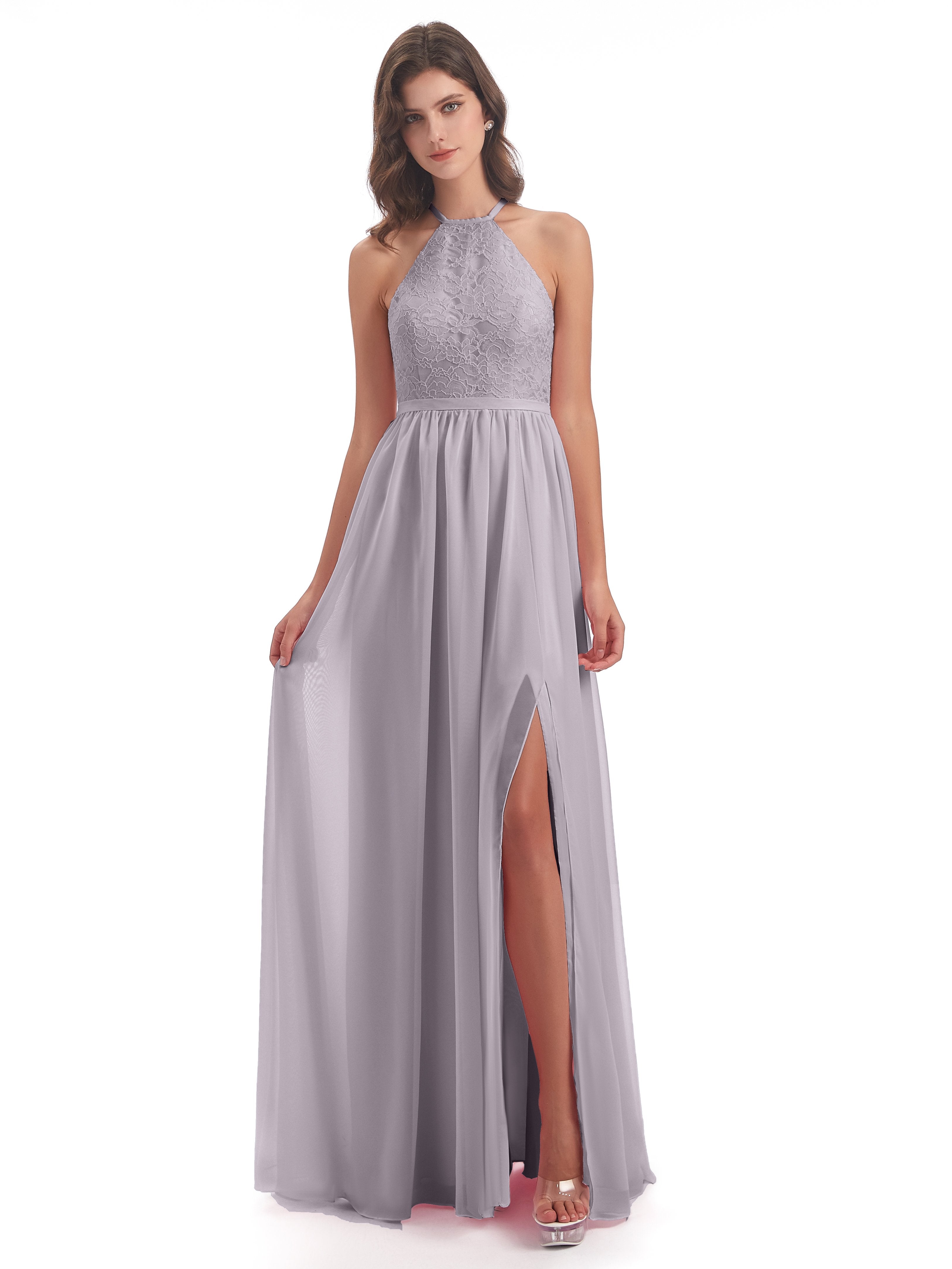 Harper A-Linie Bodenlange Nackenträger Chiffon/Spitze Lange Brautjungfernkleider