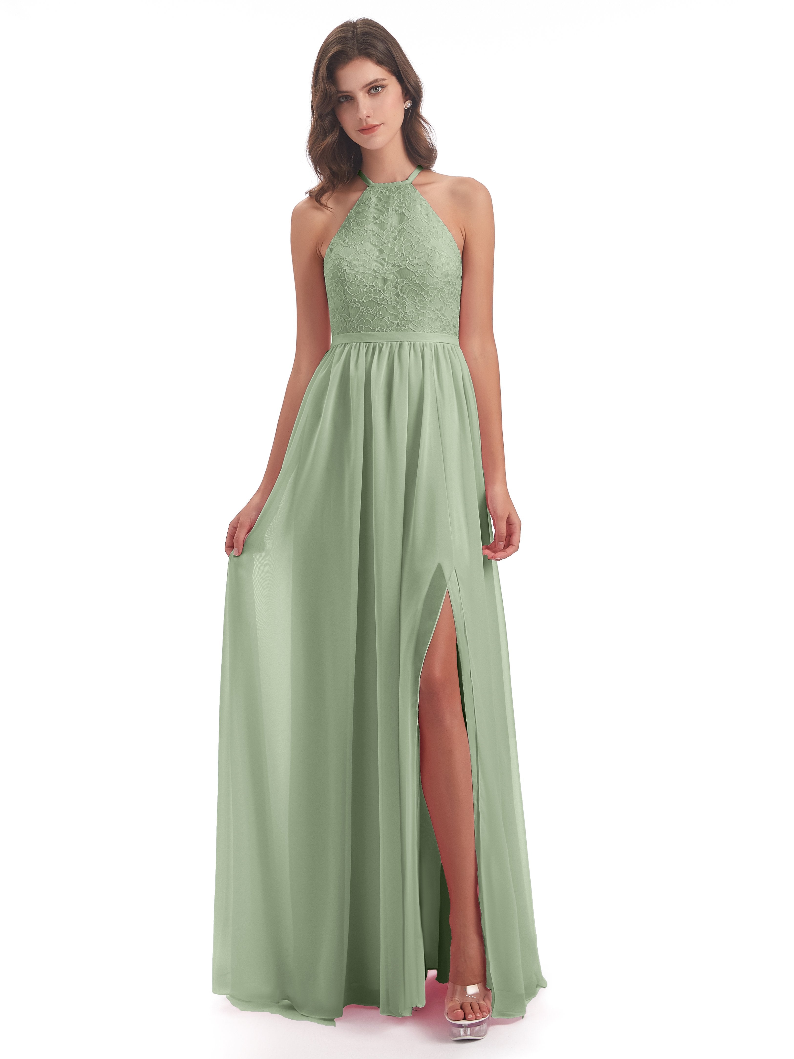 Harper A-Linie Bodenlange Nackenträger Chiffon/Spitze Lange Brautjungfernkleider