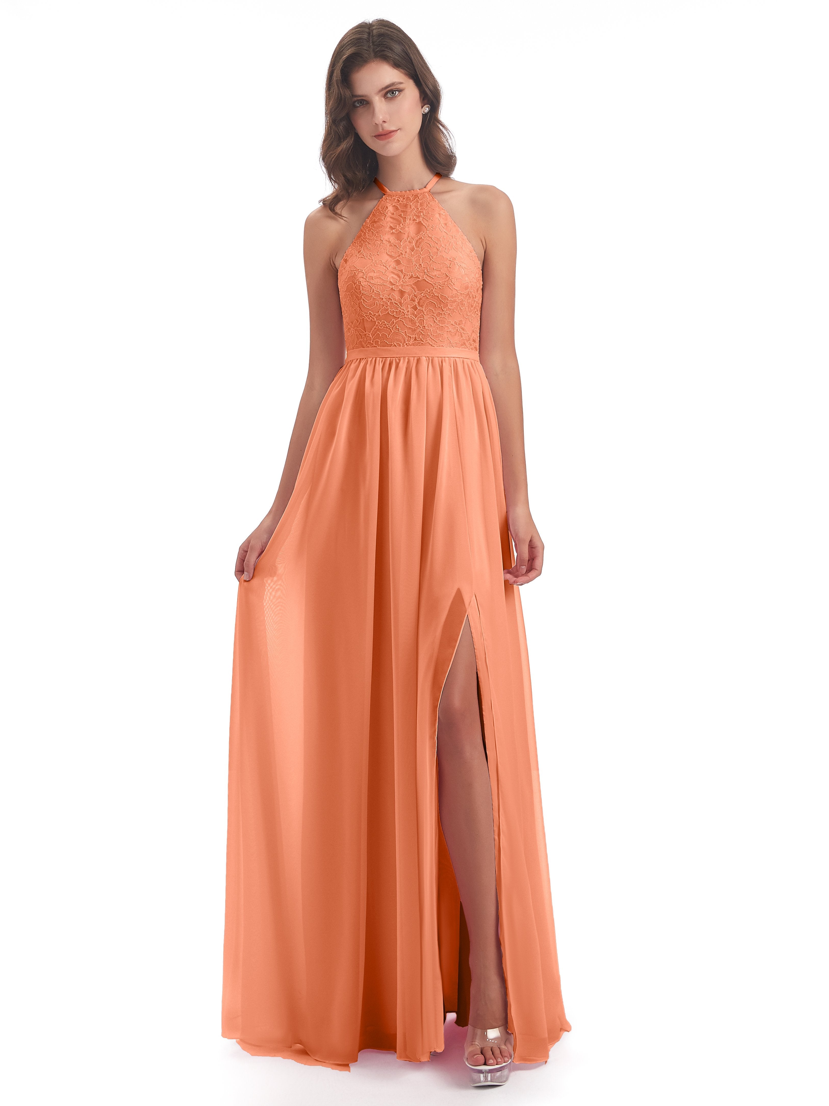 Harper A-Linie Bodenlange Nackenträger Chiffon/Spitze Lange Brautjungfernkleider