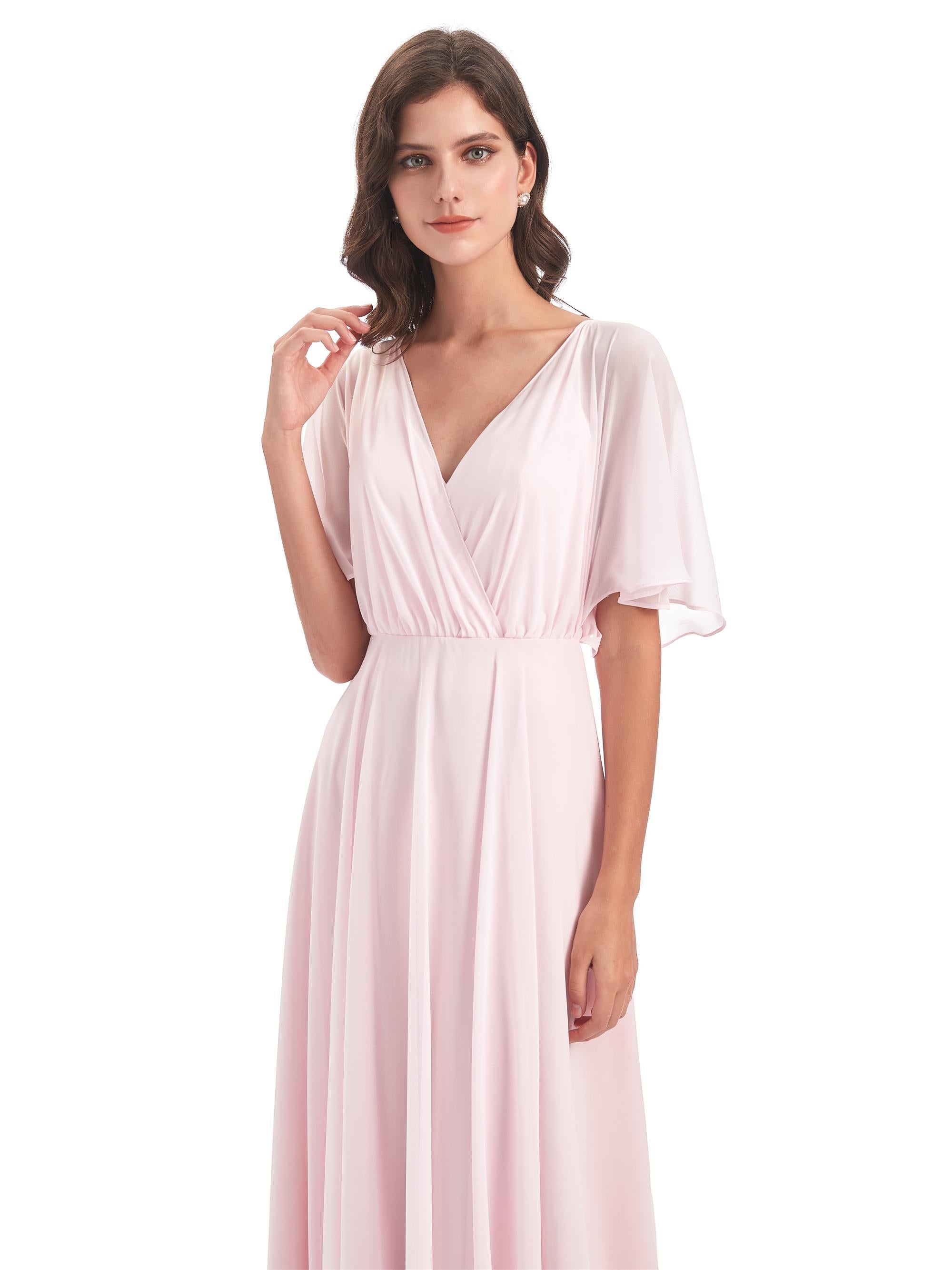 Hazel A-Linie Bodenlange V-Ausschnitt Kurze Ärmel Chiffon Lange Brautjungfernkleider