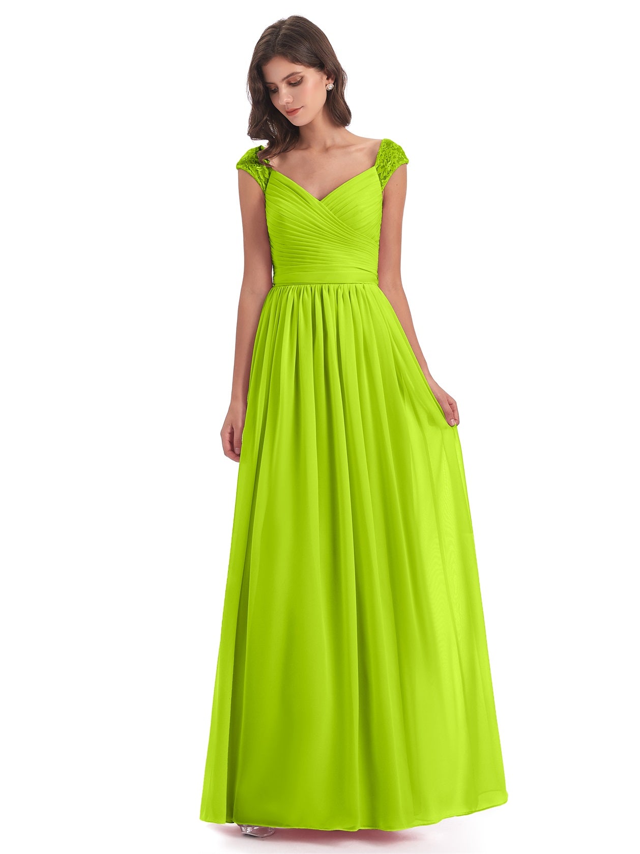 Arely A-Linie Bodenlange Charmante Chiffon/Spitze Kappenärmel Lange Brautjungfernkleider