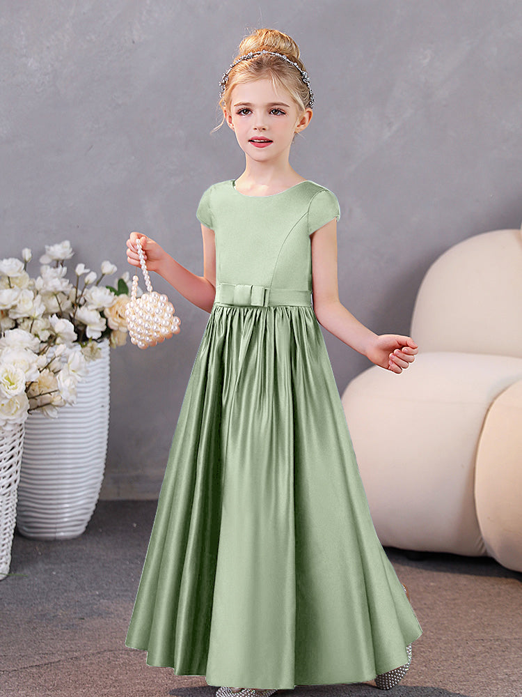 Kurze Ärmel Satin Junior Brautjungfernkleider mit Gürtel
