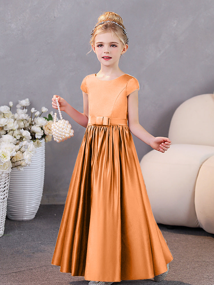 Kurze Ärmel Satin Junior Brautjungfernkleider mit Gürtel