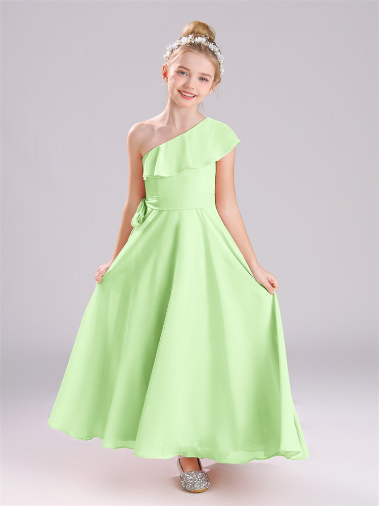 Ein-Schulter-Rüschen Chiffon Junior Brautjungfernkleider
