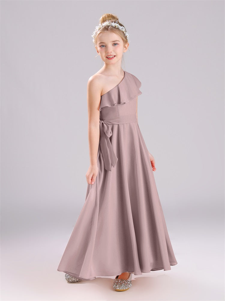 Ein-Schulter-Rüschen Chiffon Junior Brautjungfernkleider