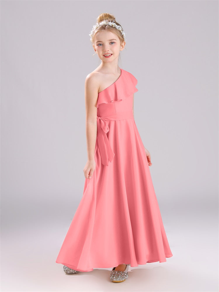 Ein-Schulter-Rüschen Chiffon Junior Brautjungfernkleider
