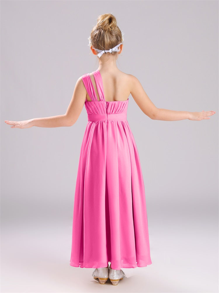 Ein-Schulter-Falten Lange Chiffon Junior Brautjungfernkleider