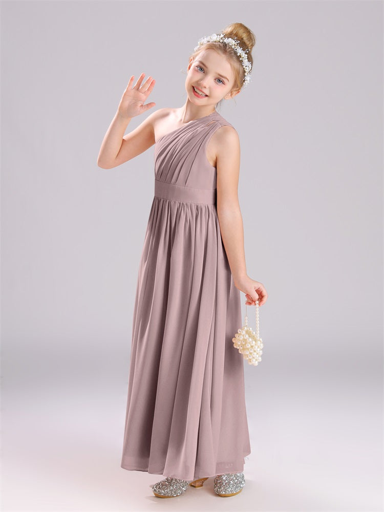 Ein-Schulter-Falten Lange Chiffon Junior Brautjungfernkleider
