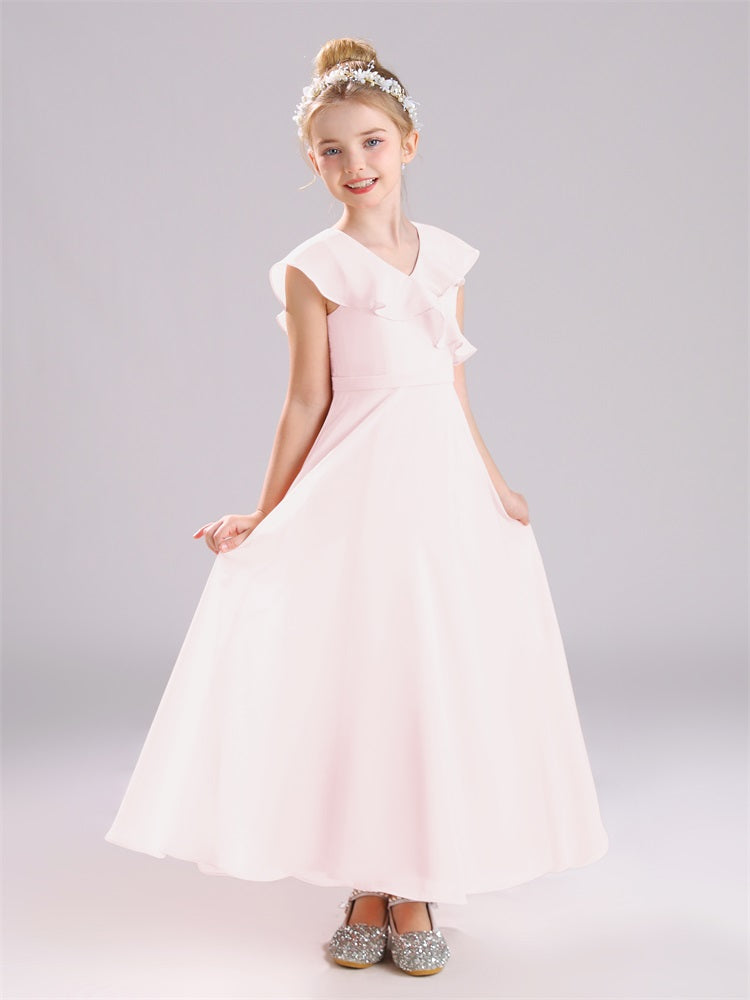 Kappenärmel V-Ausschnitt offener Rücken Chiffon Junior Brautjungfernkleider