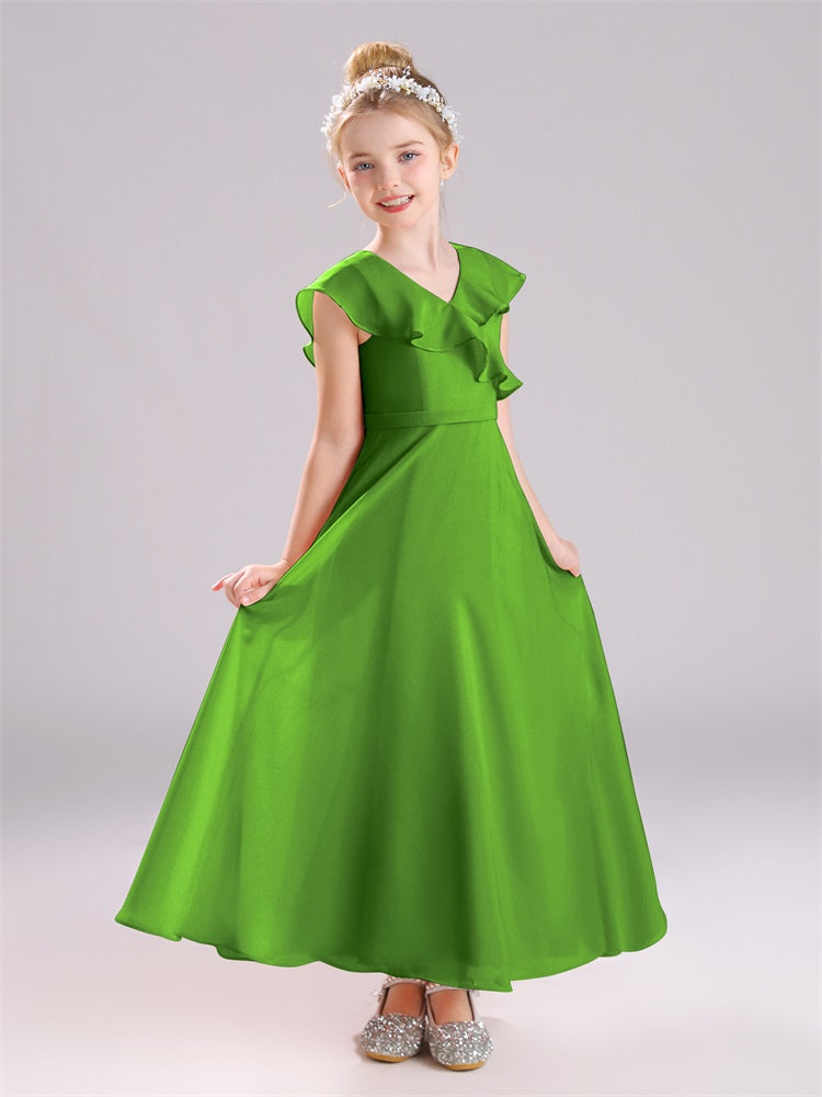 Kappenärmel V-Ausschnitt offener Rücken Chiffon Junior Brautjungfernkleider