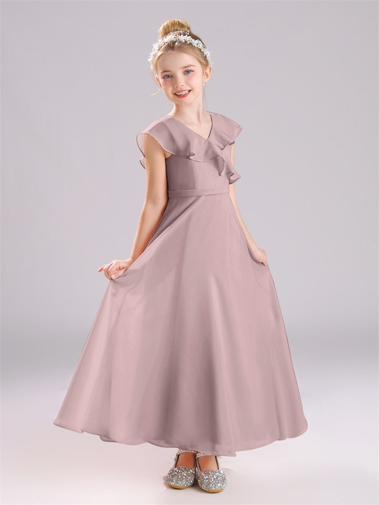 Kappenärmel V-Ausschnitt offener Rücken Chiffon Junior Brautjungfernkleider