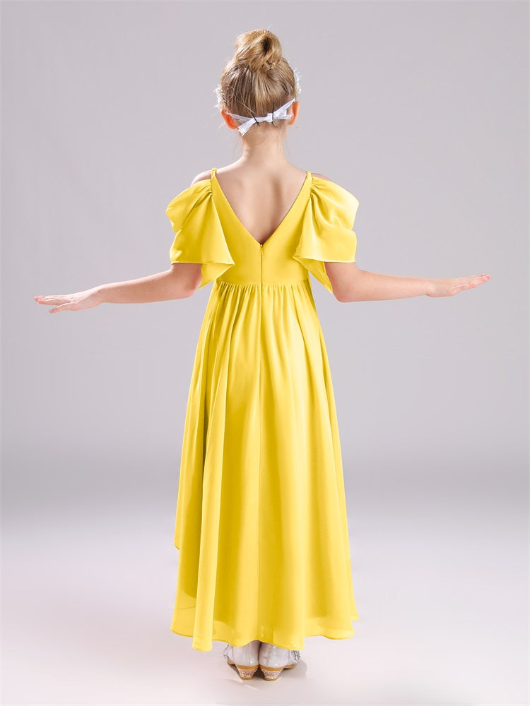 Aus der Schulter Riemen Lang Chiffon Junior Brautjungfernkleider