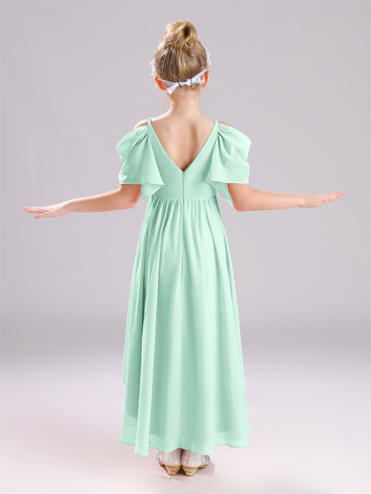 Aus der Schulter Riemen Lang Chiffon Junior Brautjungfernkleider