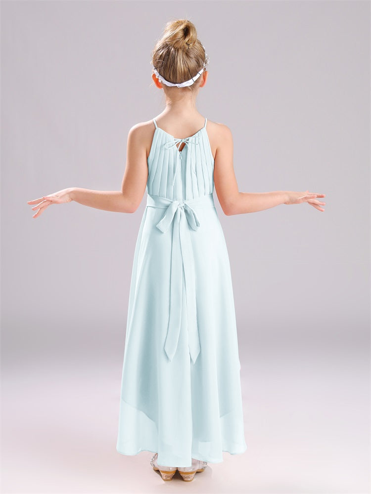 Halfter Ärmellos Falten Lang Chiffon Junior Brautjungfernkleider