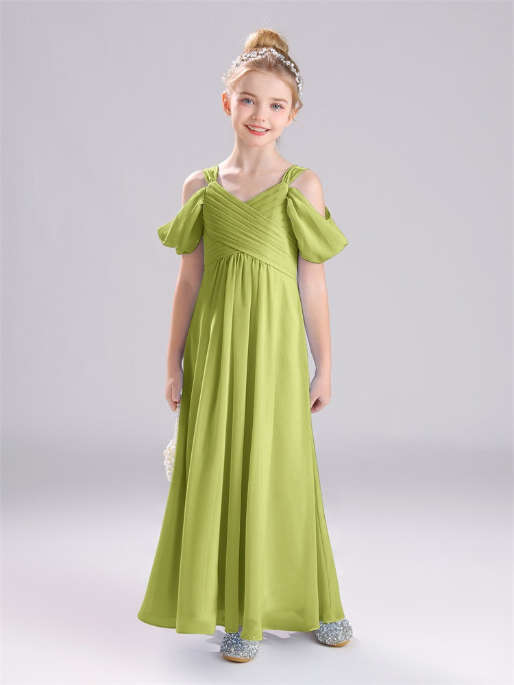 A-Linie schulterfrei Träger Plissee Chiffon Junior Brautjungfernkleider