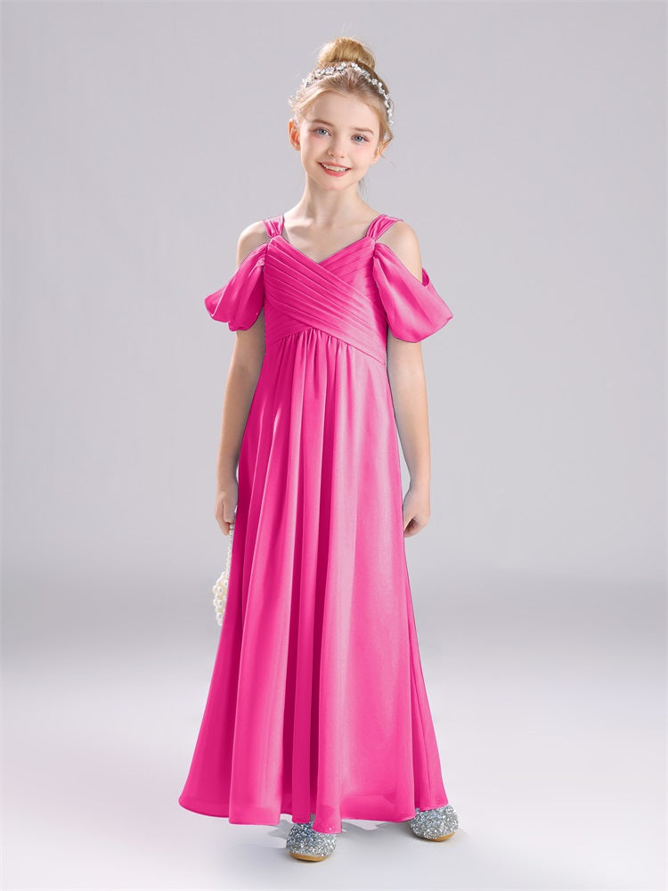 A-Linie schulterfrei Träger Plissee Chiffon Junior Brautjungfernkleider
