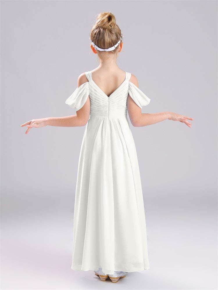 A-Linie schulterfrei Träger Plissee Chiffon Junior Brautjungfernkleider