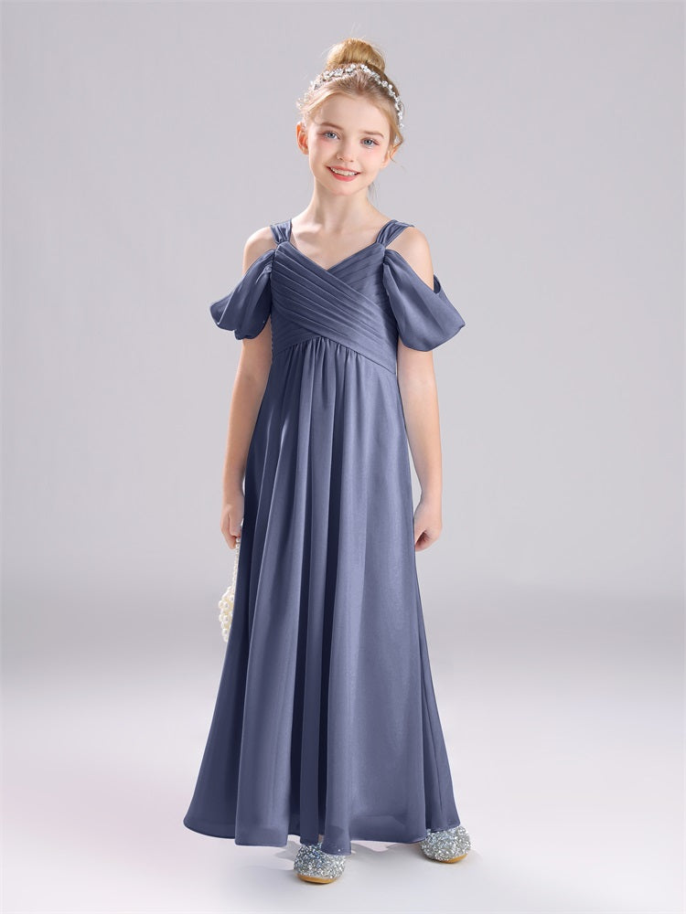 A-Linie schulterfrei Träger Plissee Chiffon Junior Brautjungfernkleider
