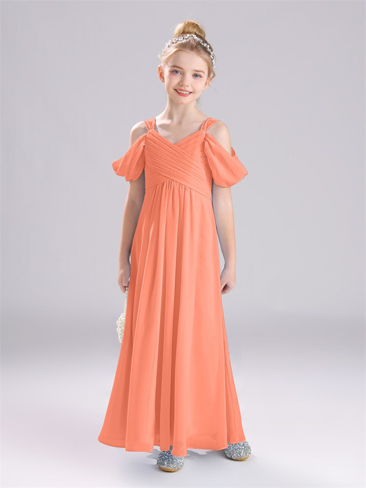 A-Linie schulterfrei Träger Plissee Chiffon Junior Brautjungfernkleider