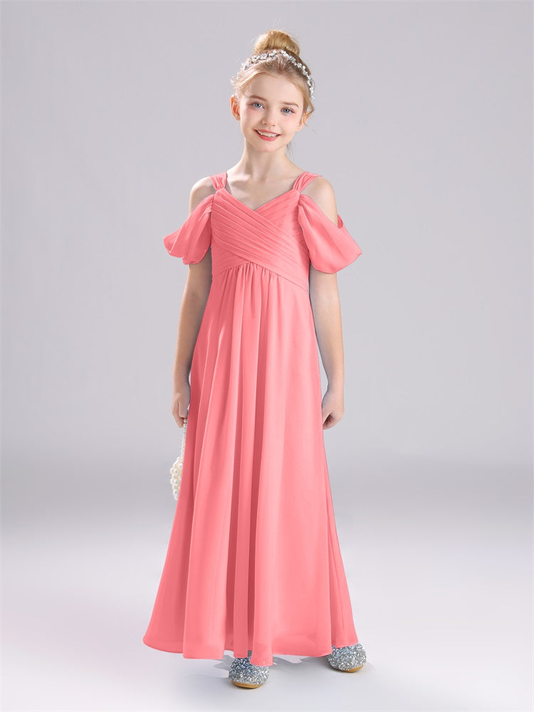 A-Linie schulterfrei Träger Plissee Chiffon Junior Brautjungfernkleider