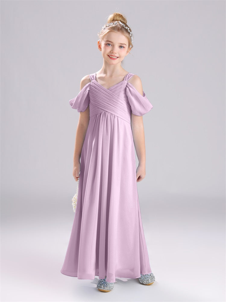 A-Linie schulterfrei Träger Plissee Chiffon Junior Brautjungfernkleider