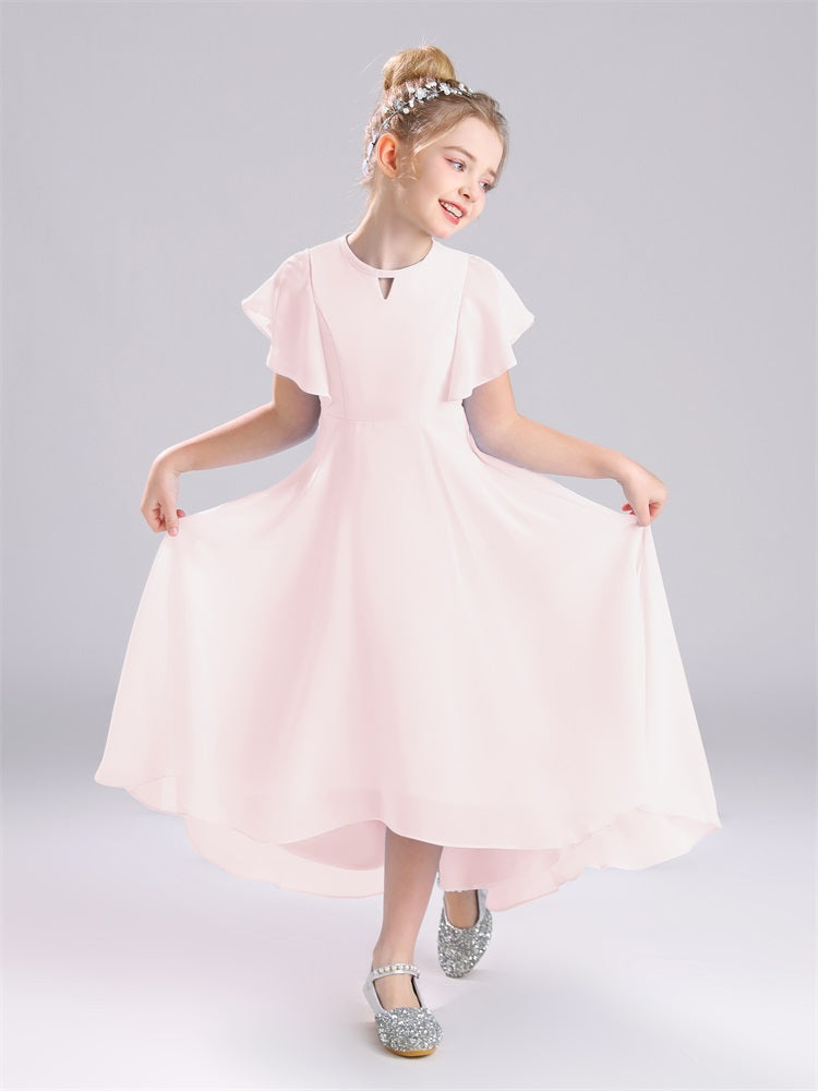 Rüschen Ärmel A-Linie Lang Chiffon Junior Brautjungfernkleider