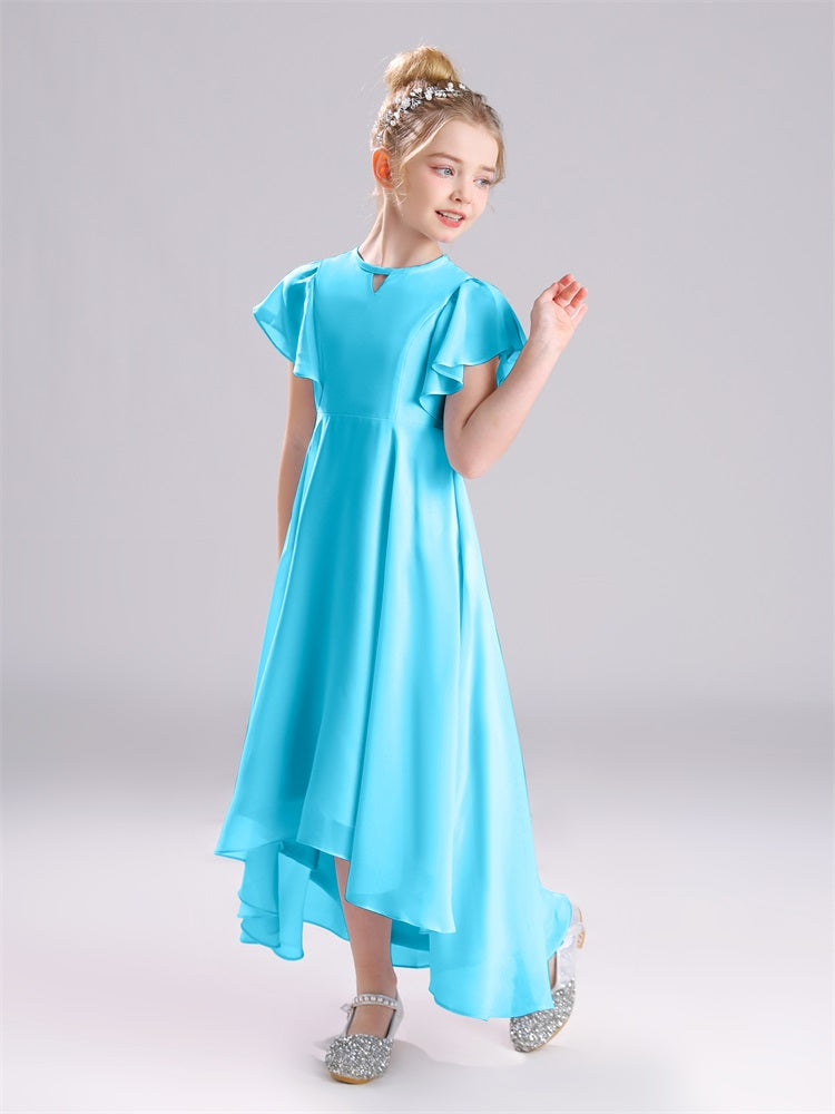 Rüschen Ärmel A-Linie Lang Chiffon Junior Brautjungfernkleider