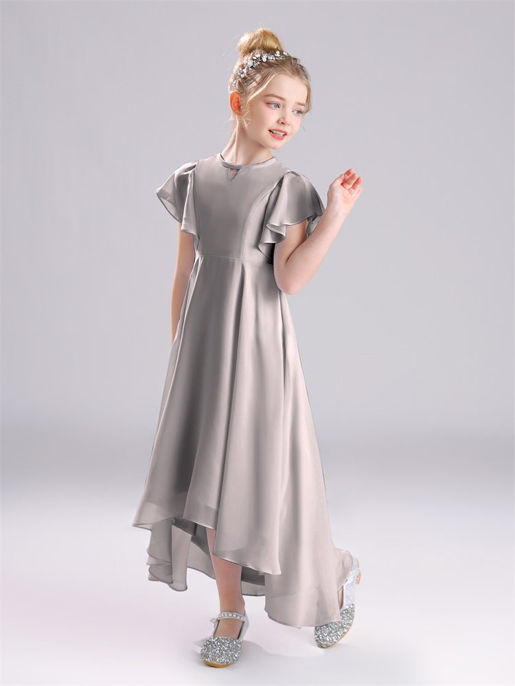 Rüschen Ärmel A-Linie Lang Chiffon Junior Brautjungfernkleider