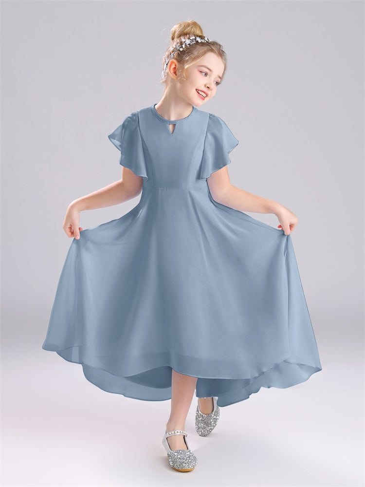 Rüschen Ärmel A-Linie Lang Chiffon Junior Brautjungfernkleider