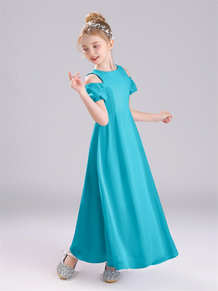 Aus der Schulter Juwel A-Linie Lange Chiffon Junior Brautjungfernkleider