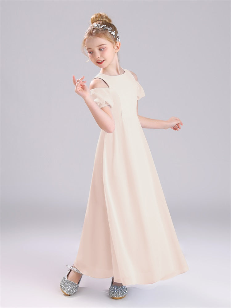 Aus der Schulter Juwel A-Linie Lange Chiffon Junior Brautjungfernkleider
