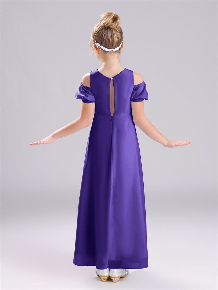 Aus der Schulter Juwel A-Linie Lange Chiffon Junior Brautjungfernkleider