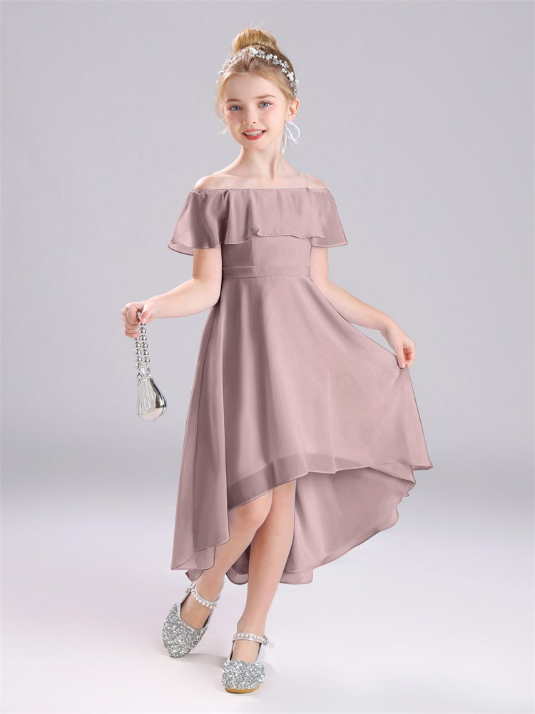 A-Linie schulterfrei Tee-Länge Chiffon Junior Brautjungfernkleider
