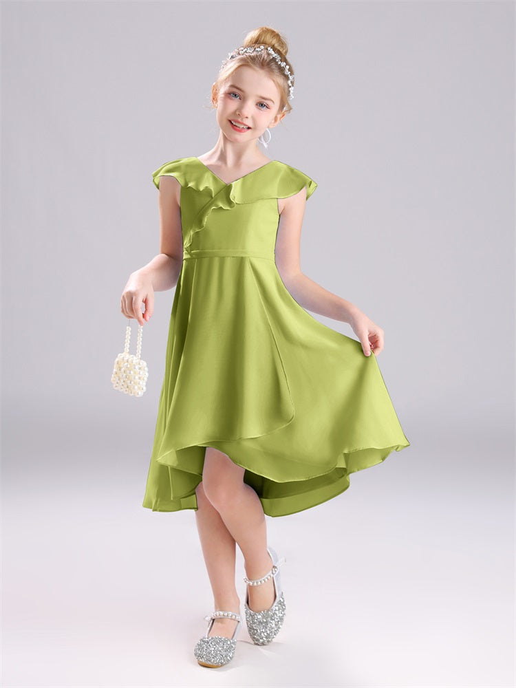 Rüschen V-Ausschnitt Tee-Länge Chiffon Junior Brautjungfernkleider