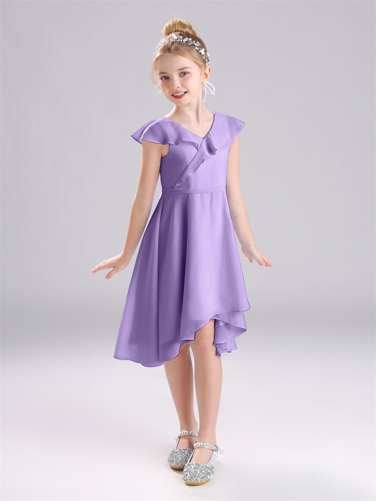 Rüschen V-Ausschnitt Tee-Länge Chiffon Junior Brautjungfernkleider